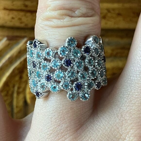 Natural Blue Apatite Iolite Sterling Silver Bubble Ring Size 6 - Picture 1 of 9